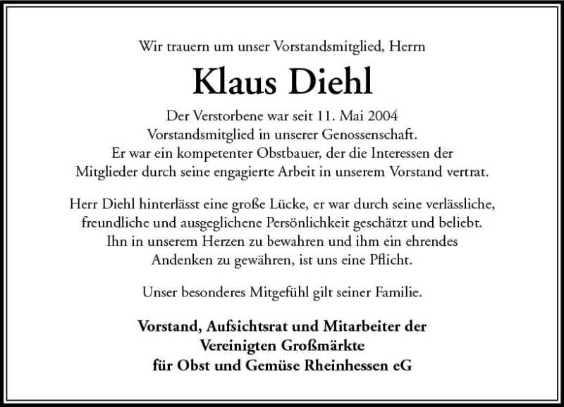  Traueranzeige für Klaus Diehl vom 17.04.2019 aus vrm-trauer