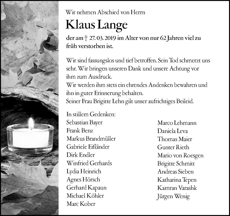  Traueranzeige für Klaus Lange vom 02.04.2019 aus vrm-trauer
