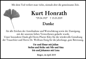Traueranzeige von Kurt Honrath von vrm-trauer