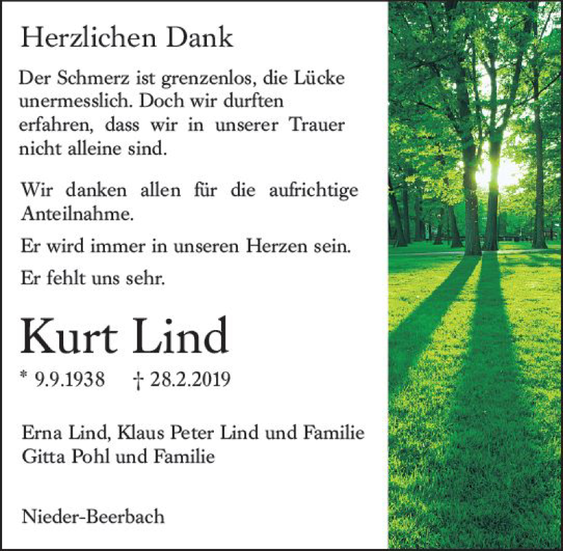  Traueranzeige für Kurt Lind vom 06.04.2019 aus vrm-trauer