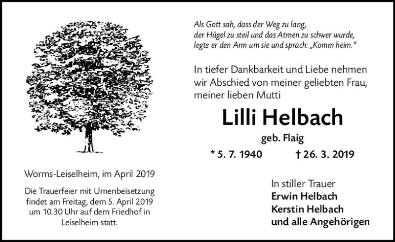  Traueranzeige für Lilli Helbach vom 03.04.2019 aus vrm-trauer