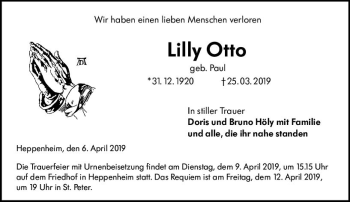 Traueranzeige von Lilly Otto von vrm-trauer