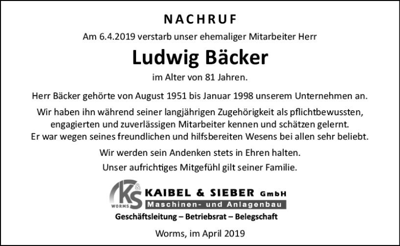  Traueranzeige für Ludwig Bäcker vom 11.04.2019 aus vrm-trauer