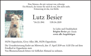 Traueranzeige von Lutz Besier von vrm-trauer