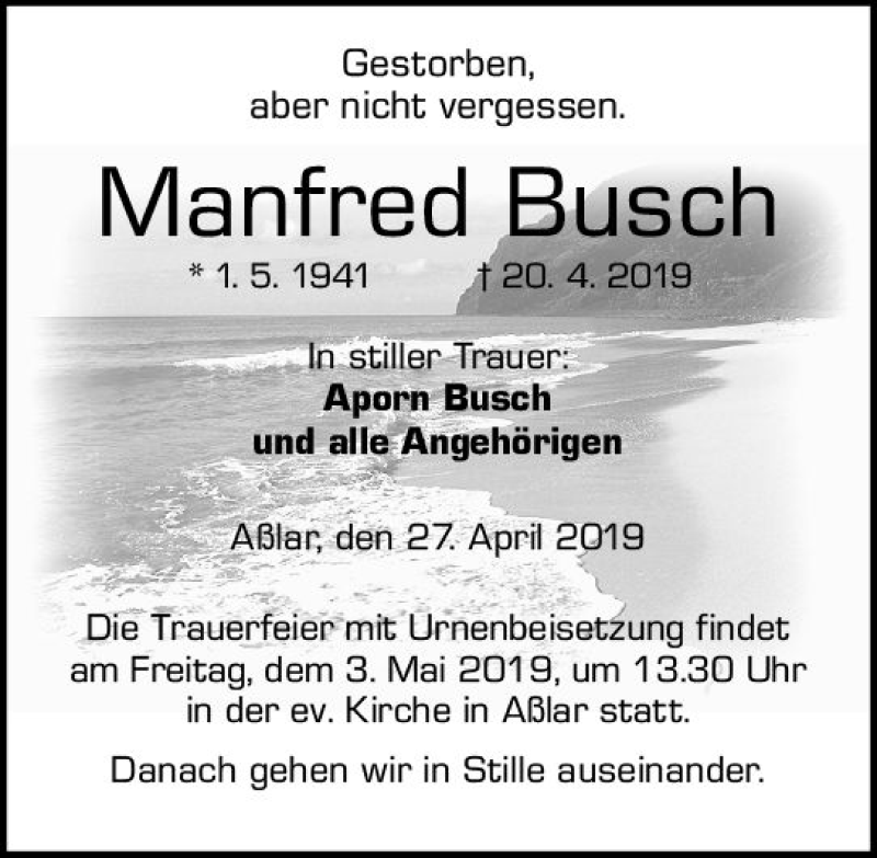  Traueranzeige für Manfred Busch vom 27.04.2019 aus  WNZ - Wetzlarer Neue Zeitung ()