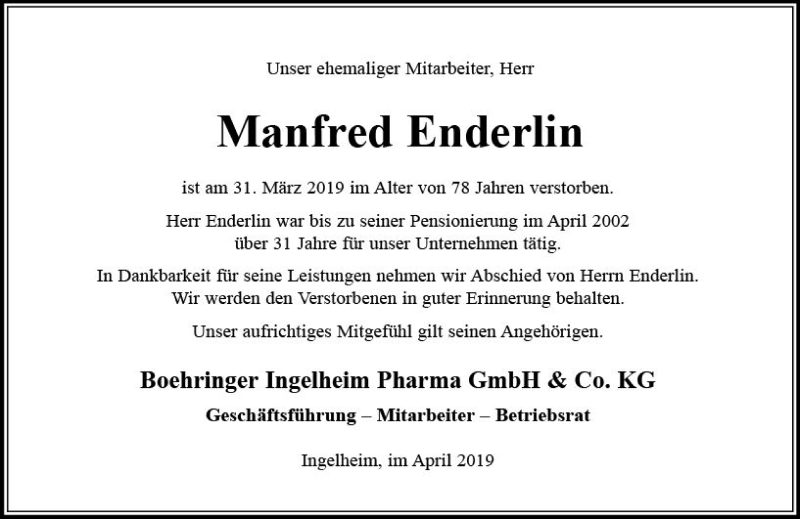  Traueranzeige für Manfred Enderlin vom 06.04.2019 aus vrm-trauer