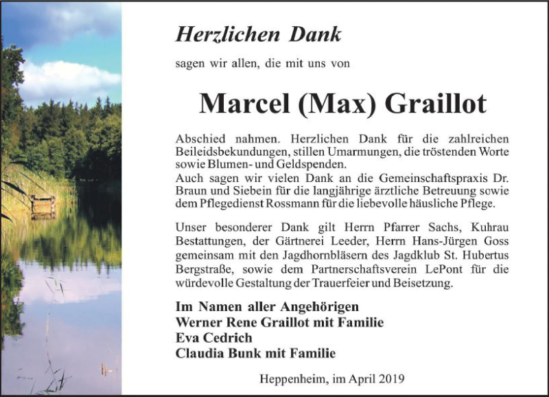  Traueranzeige für Marcel Max Graillot vom 06.04.2019 aus vrm-trauer