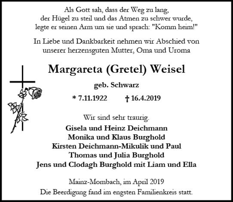  Traueranzeige für Margareta Weisel vom 27.04.2019 aus vrm-trauer
