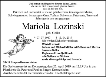 Traueranzeige von Mariola Lozinski von vrm-trauer