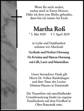 Traueranzeige von Martha Roß von vrm-trauer