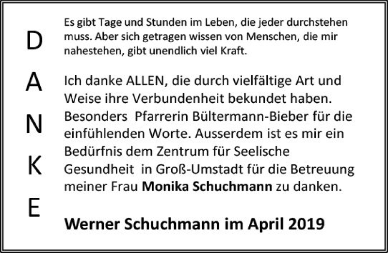  Traueranzeige für Monika Schuchmann vom 06.04.2019 aus vrm-trauer