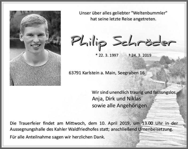  Traueranzeige für Philip Schröder vom 06.04.2019 aus vrm-trauer