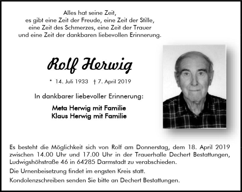  Traueranzeige für Rolf Herwig vom 13.04.2019 aus vrm-trauer