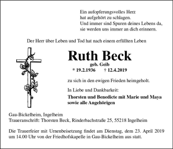 Traueranzeige von Ruth Beck von vrm-trauer