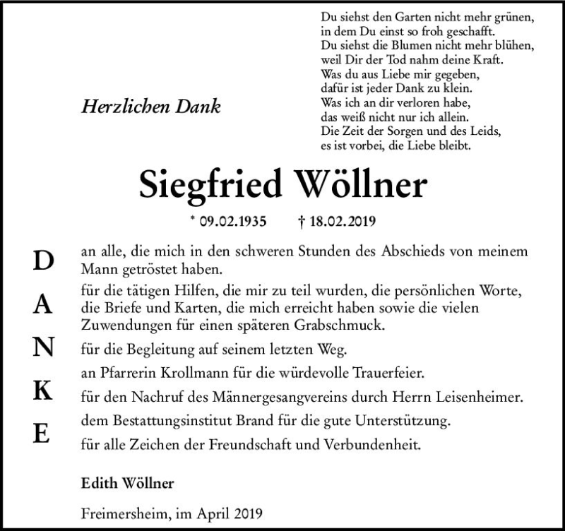  Traueranzeige für Siegfried Wöllner vom 20.04.2019 aus vrm-trauer