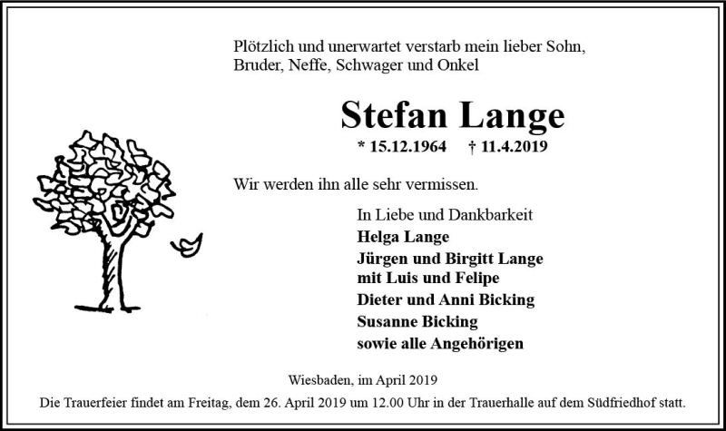  Traueranzeige für Stefan Lange vom 20.04.2019 aus vrm-trauer