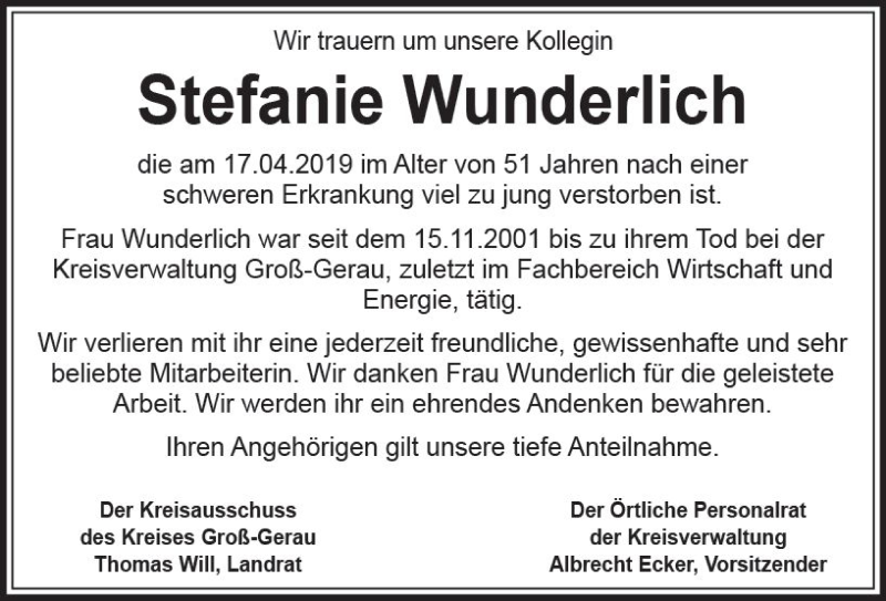  Traueranzeige für Stefanie Wunderlich vom 26.04.2019 aus vrm-trauer