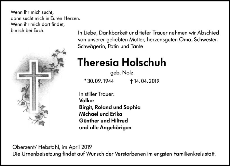  Traueranzeige für Theresia Holschuh vom 20.04.2019 aus vrm-trauer