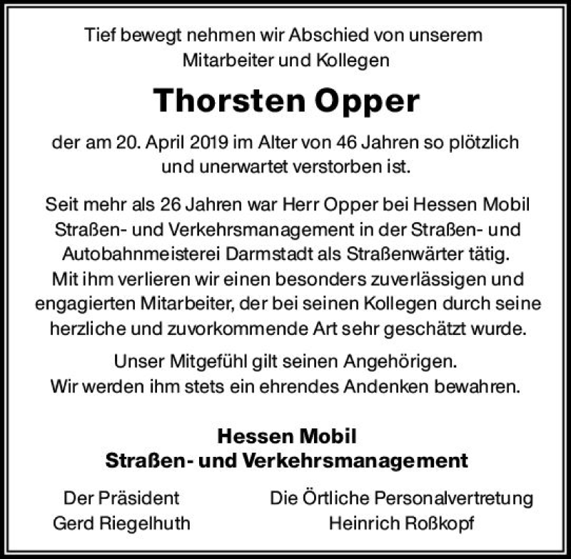  Traueranzeige für Thorsten Opper vom 30.04.2019 aus vrm-trauer