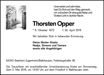 Traueranzeige von Thorsten Opper von vrm-trauer