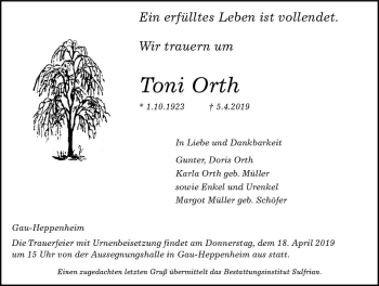 Traueranzeige von Toni Orth von vrm-trauer