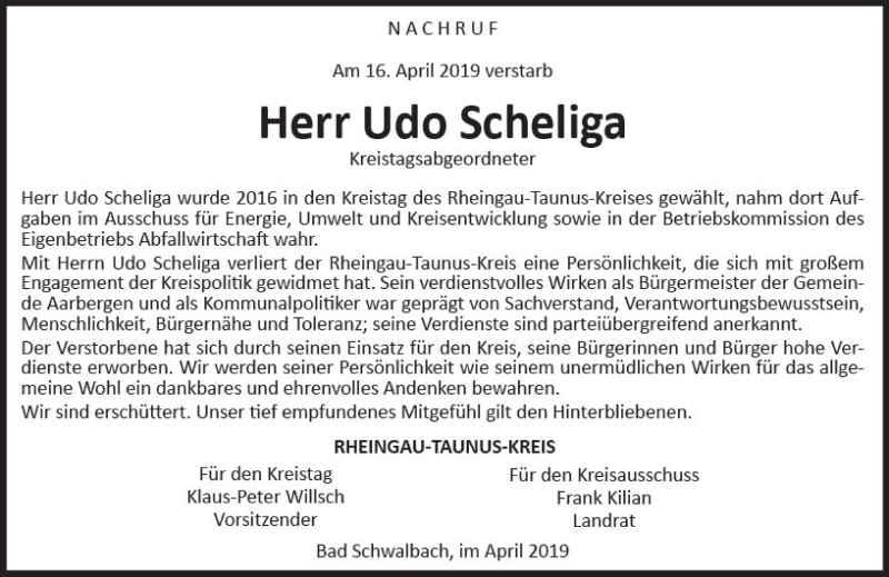  Traueranzeige für Udo Scheliga vom 20.04.2019 aus vrm-trauer