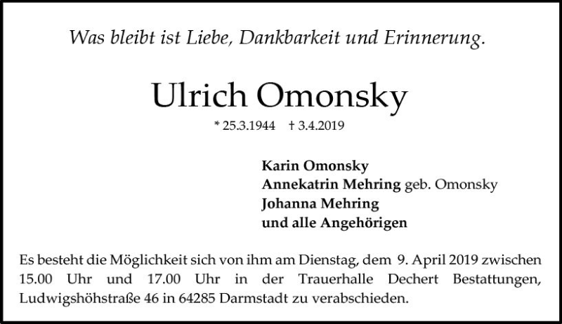  Traueranzeige für Ulrich Omonsky vom 06.04.2019 aus vrm-trauer