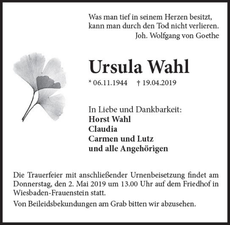  Traueranzeige für Ursula Wahl vom 27.04.2019 aus vrm-trauer