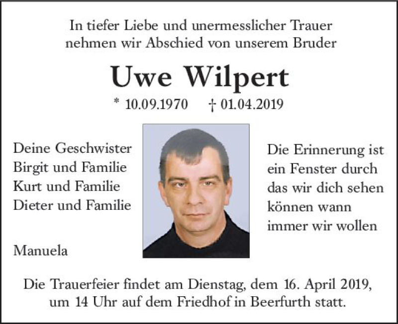  Traueranzeige für Uwe Wilpert vom 12.04.2019 aus vrm-trauer
