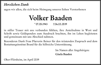 Traueranzeige von Volker Baaden von vrm-trauer