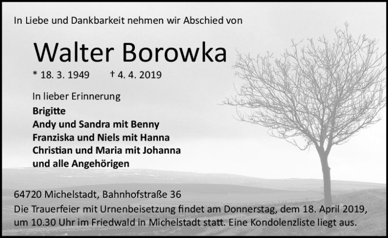  Traueranzeige für Walter Borowka vom 13.04.2019 aus vrm-trauer