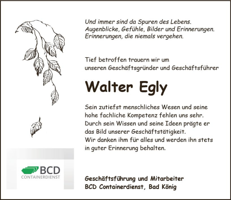  Traueranzeige für Walter Egly vom 17.04.2019 aus vrm-trauer