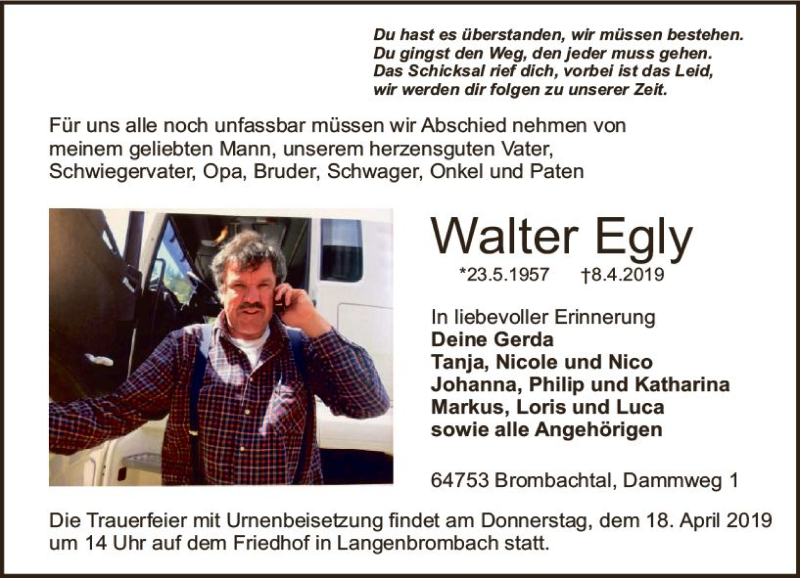  Traueranzeige für Walter Egly vom 13.04.2019 aus vrm-trauer
