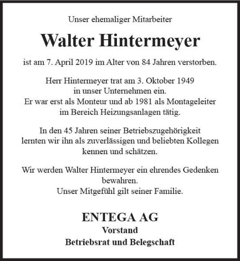  Traueranzeige für Walter Hintermeyer vom 13.04.2019 aus vrm-trauer