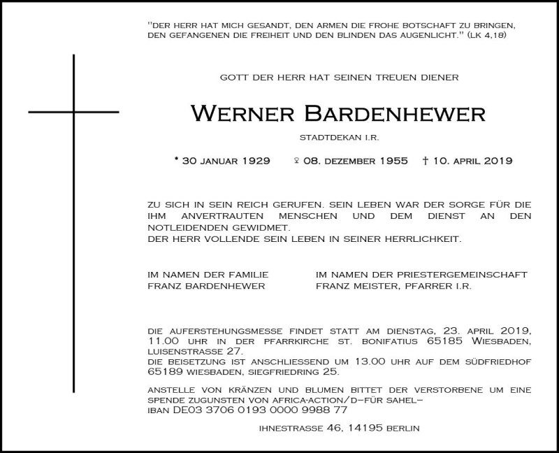  Traueranzeige für Werner Bardenhewer vom 17.04.2019 aus vrm-trauer