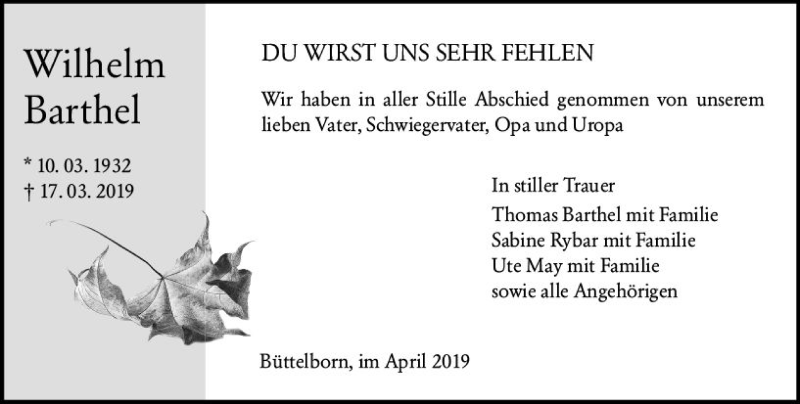 Traueranzeige für Wilhelm Barthel vom 03.04.2019 aus vrm-trauer