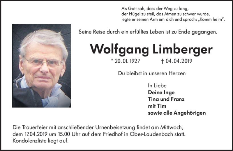  Traueranzeige für Wolfgang Limberger vom 11.04.2019 aus vrm-trauer