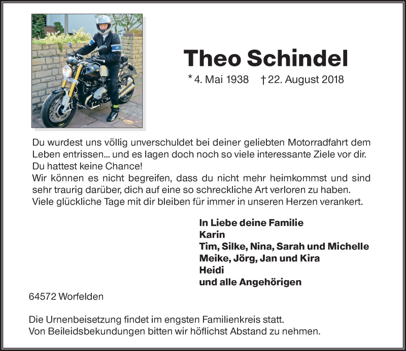  Traueranzeige für Theo Schindel vom 25.08.2018 aus vrm-trauer