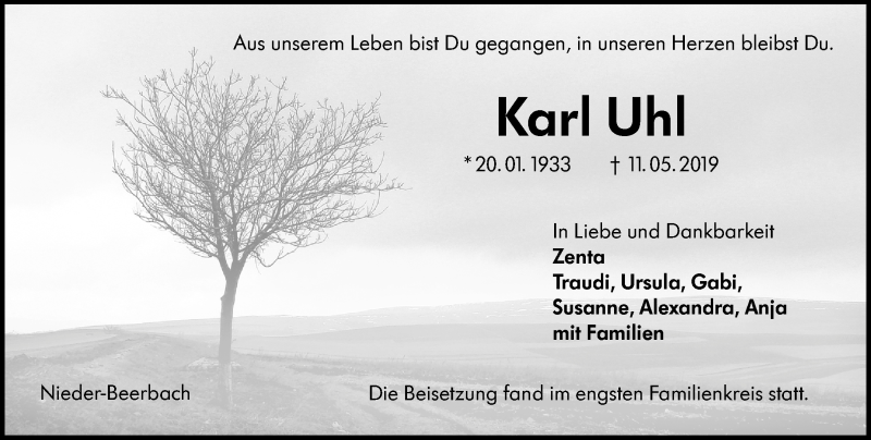  Traueranzeige für Karl Uhl vom 18.05.2019 aus 
