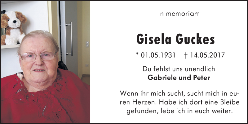  Traueranzeige für Gisela Guckes vom 15.05.2019 aus VRM Tageszeitungen