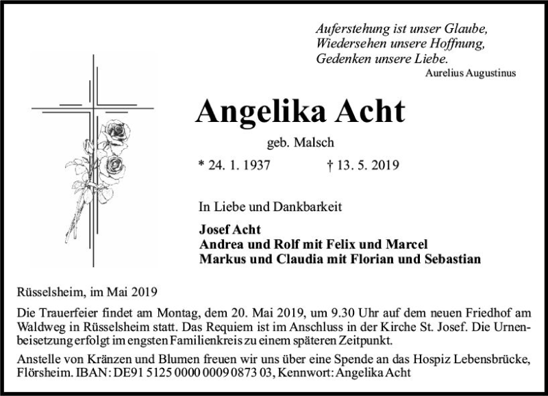  Traueranzeige für Angelika Acht vom 16.05.2019 aus vrm-trauer