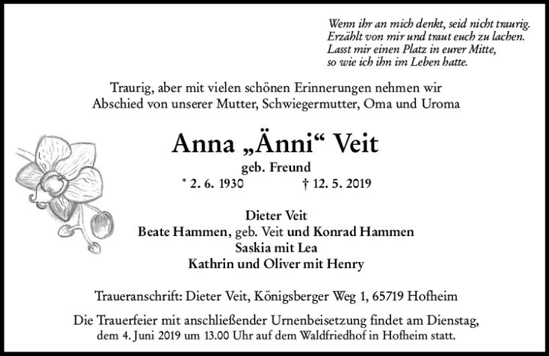  Traueranzeige für Anna Veit vom 24.05.2019 aus vrm-trauer