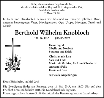 Traueranzeige von Berthold Wilhelm Knobloch von vrm-trauer