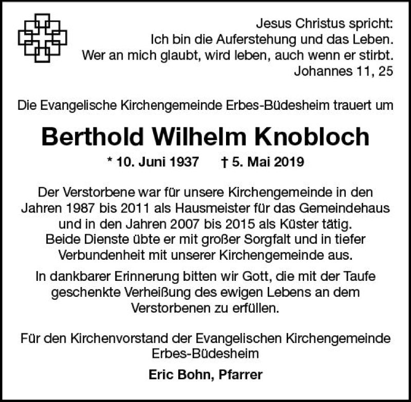  Traueranzeige für Berthold Wilhelm Knobloch vom 10.05.2019 aus vrm-trauer
