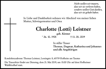 Traueranzeige von Charlotte Leistner von vrm-trauer