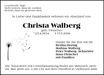 Traueranzeige von Christa Walberg von vrm-trauer