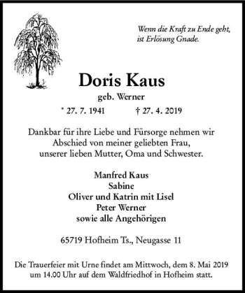 Traueranzeige von Doris Kaus von vrm-trauer