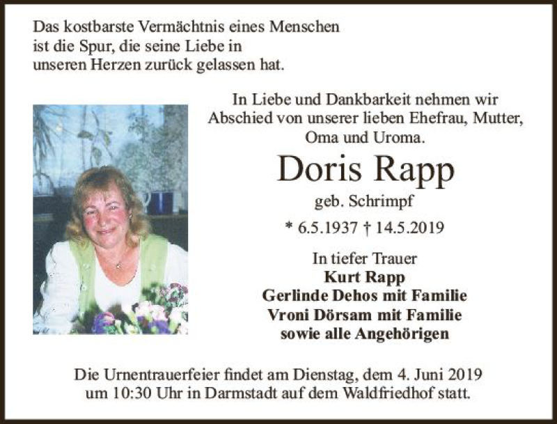  Traueranzeige für Doris Rapp vom 25.05.2019 aus vrm-trauer