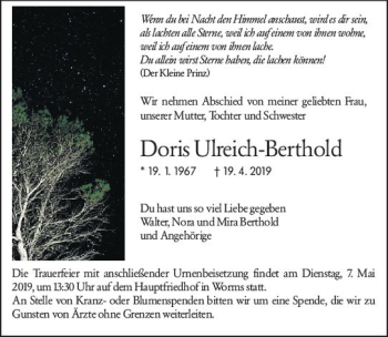 Traueranzeige von Doris Ulreich-Berthold von vrm-trauer