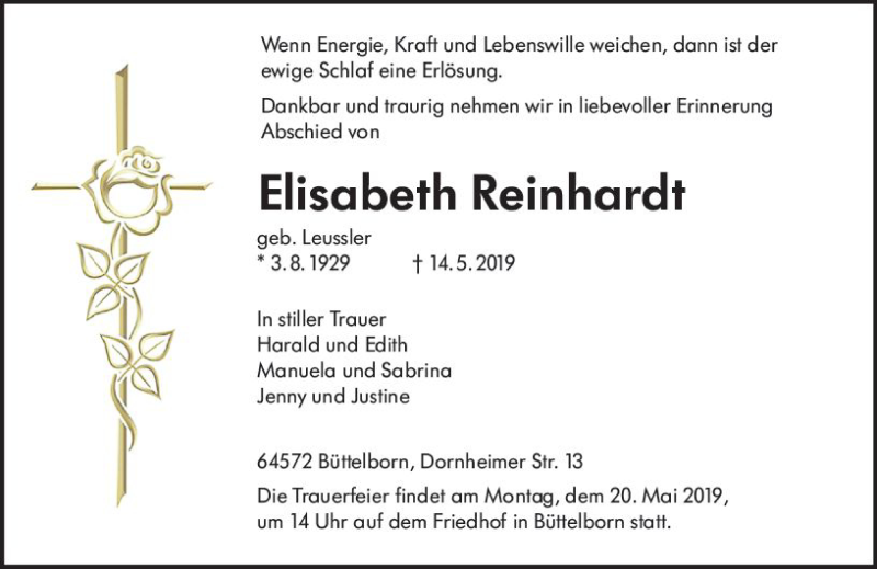  Traueranzeige für Elisabeth Reinhardt vom 16.05.2019 aus vrm-trauer
